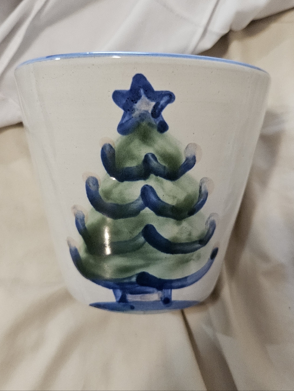 MA Hadley Hand-Painted Ceramic Planter with Blue & Green Tree Motif